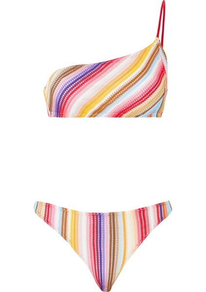 Tek Omuzlu Örgü Bikini - Kırmızı Çok Renkli