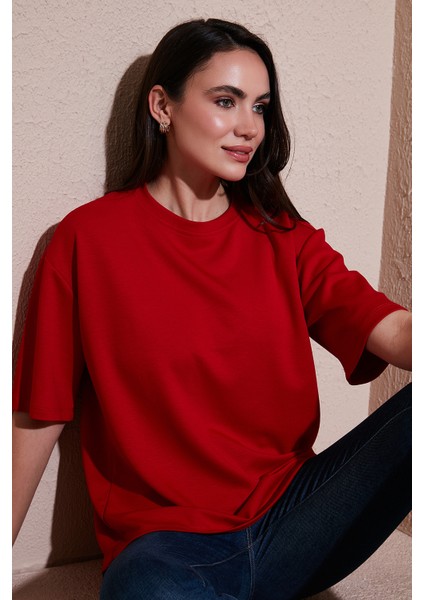 Streç Oversize Fit Bisiklet Yaka T Shirt Bayan T Shirt 5865911