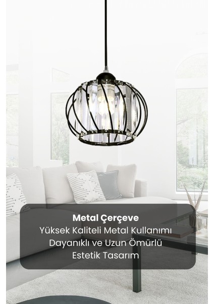 Quattro Model Siyah Renk Kaplama Metal Kristal Taşlı Salon Oturma Odası Tavan Sarkıt Avize