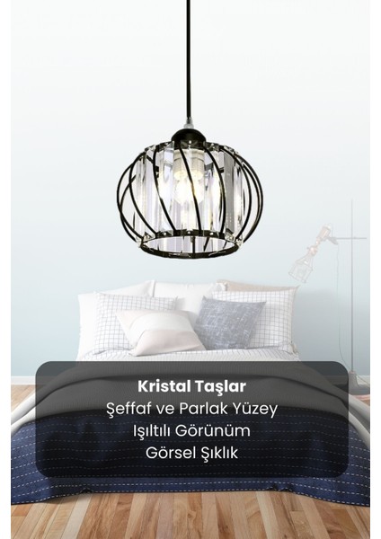 Quattro Model Siyah Renk Kaplama Metal Kristal Taşlı Salon Oturma Odası Tavan Sarkıt Avize