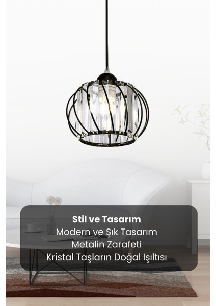 Quattro Model Siyah Renk Kaplama Metal Kristal Taşlı Salon Oturma Odası Tavan Sarkıt Avize