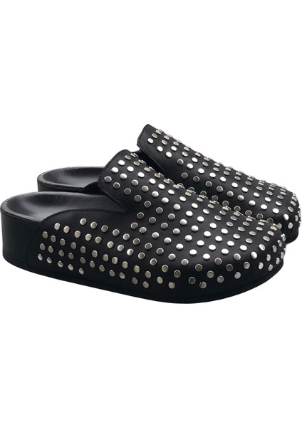 Siyah Deri Trok Slipper