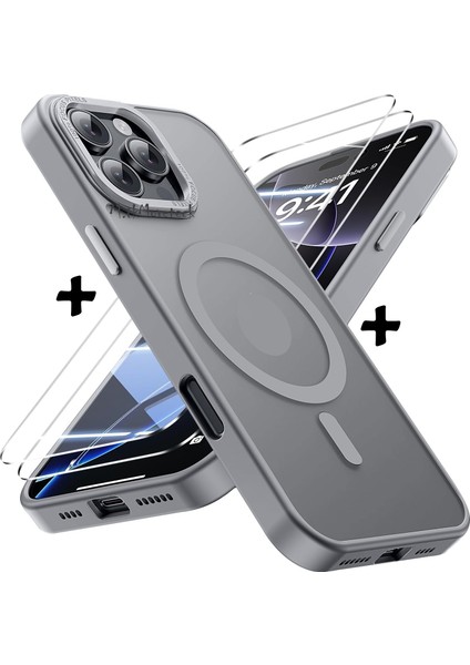 Apple iPhone 16 Pro Kılıf Mat Magsafe Şarj Özellikli Hassas Butonlu Yumuşak Renkli Kenarlı Kapak + Ekran Koruyucu Cam Set 2in1