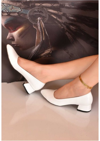 Side Kadın Beyaz Cilt 3 Cm Topuklu Ayakkabı modelleri