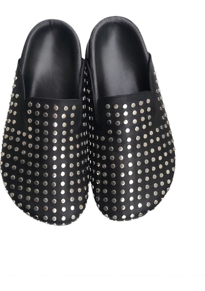 Siyah Deri Trok Slipper