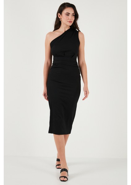 Desenli Slim Fit Yırtmaçlı Midi Boy Tek Omuzlu Elbise Bayan Elbise 5866202