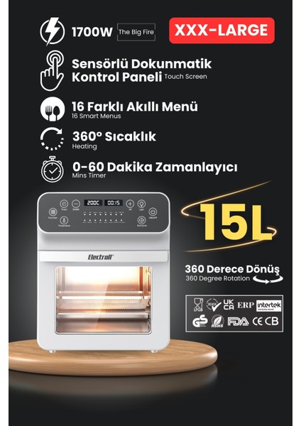 Maxfry 15L Akıllı Yağsız Fritöz Kızartma, Fırınlama, Kurutucu Bir Arada, Programlanabilir Airfryer - Electroll Maxfry Akıllı Fritöz Airfryer