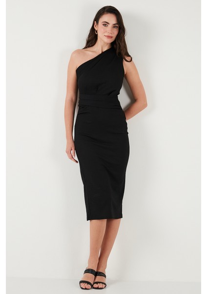 Desenli Slim Fit Yırtmaçlı Midi Boy Tek Omuzlu Elbise Bayan Elbise 5866202 modelleri