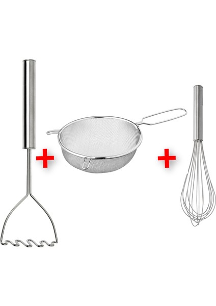 3'lü Mutfak Gereçleri Seti Ikea Saplı Süzgeç 20 Cm+ Çırpıcı + Patates Ezici Yemek Hazırlık Pişirme Gereçleri Paslanmaz Çelik