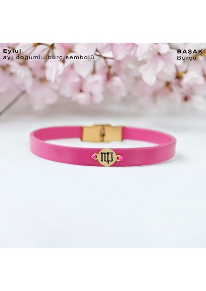 Yuvarlak Motifli Derili Kadınlara Özel 14 Ayar Altın Plakalı Doğum Ay Bilekliği-394Ay-Pembe