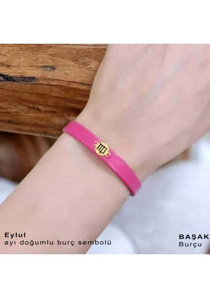 Yuvarlak Motifli Derili Kadınlara Özel 14 Ayar Altın Plakalı Doğum Ay Bilekliği-394Ay-Pembe fiyatları