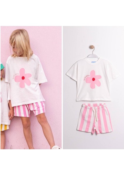 Kız Çocuk Pembe Çicekli T-Shirt Şortlu Alt-Üst Takım Beyaz modelleri