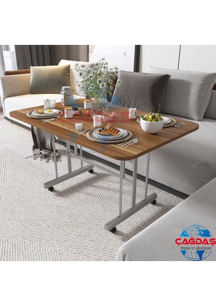 Tekerlekli Masa Orta Sehpa 70 x 110 Yükseklik 58 cm Metal Ayak Yemek Masası Balkon Masası