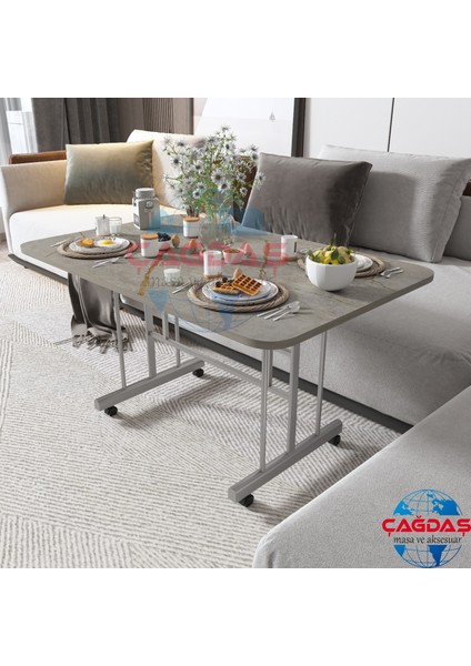 Tekerlekli Masa Orta Sehpa 70 x 110 Yükseklik 58 cm Metal Ayak Yemek Masası Balkon Masası