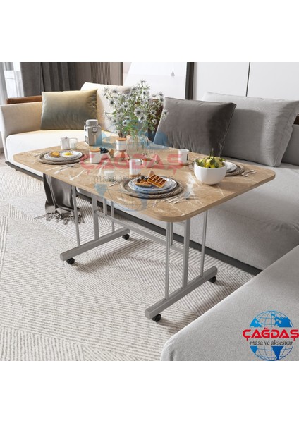 Tekerlekli Masa Orta Sehpa 70 x 110 Yükseklik 58 cm Metal Ayak Yemek Masası Balkon Masası