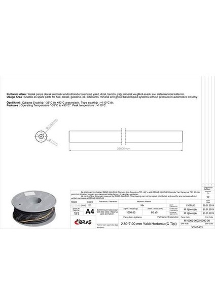 Ibras 68403 2.8mm x 7.0mm Yakıt Hortumu Üniversal C / Tipi