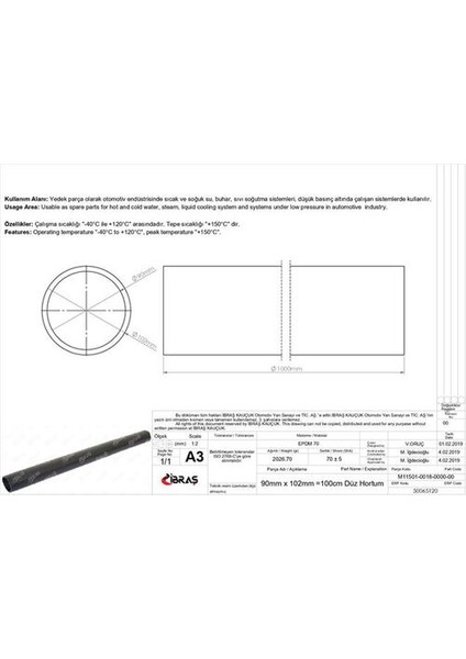 Ibras 65120 Hortum Düz Metrelik 90MM x 102MM 100 cm Sıcak ve Soğu