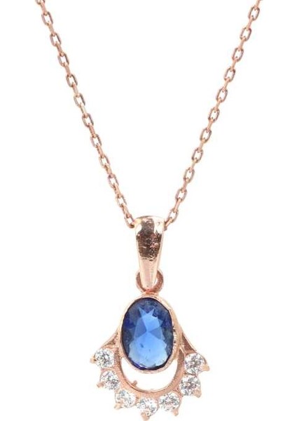 925 Ayar Gümüş Nişane Tasarım Oval Safir Taşlı Kolye