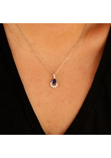 925 Ayar Gümüş Nişane Tasarım Oval Safir Taşlı Kolye