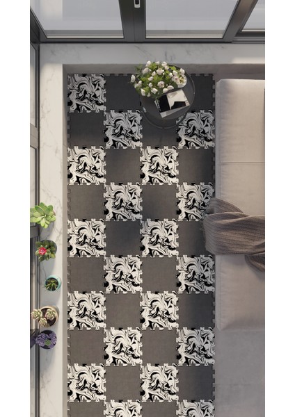 Dijital Baskılı Siyah-Beyaz Modernize Edilmiş Balkon Halısı Yolluk Yapboz Puzzle Japon Halı