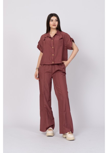 Düşük Omuz Kısa Kol Üst ve Beli Lastikli Bol Paça Pantolon 1207