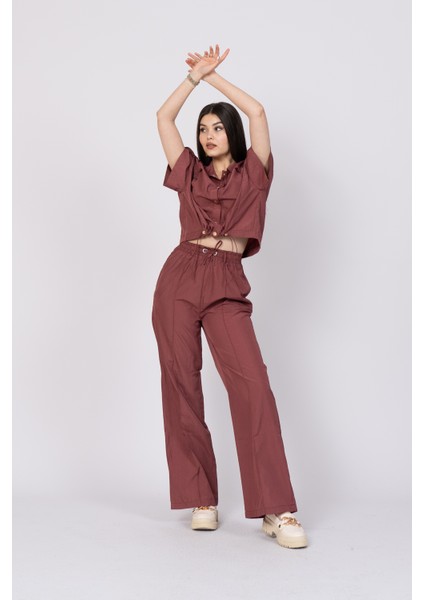 Düşük Omuz Kısa Kol Üst ve Beli Lastikli Bol Paça Pantolon 1207 fiyatları