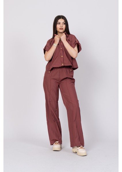 Düşük Omuz Kısa Kol Üst ve Beli Lastikli Bol Paça Pantolon 1207 modelleri