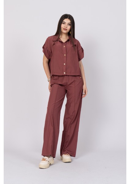 Düşük Omuz Kısa Kol Üst ve Beli Lastikli Bol Paça Pantolon 1207 fırsatları