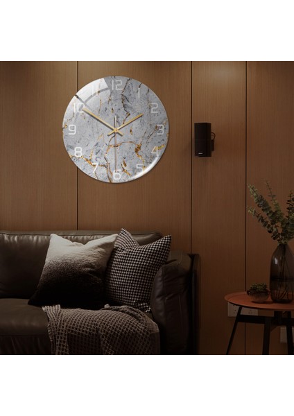 Modern Minimalist Mermer Dokulu Sessiz Kara Duvar Saati (Yurt Dışından)