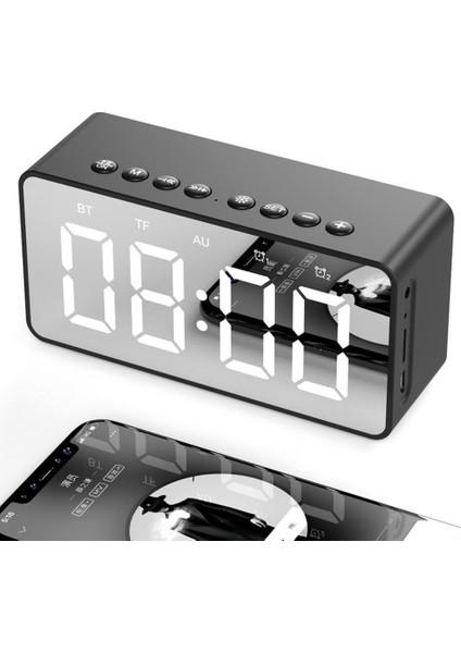 Kablosuz LED Ekranlı Mini Ayna Çift Alarm Saatli Bluetooth Hoparlör Siyah (Yurt Dışından)
