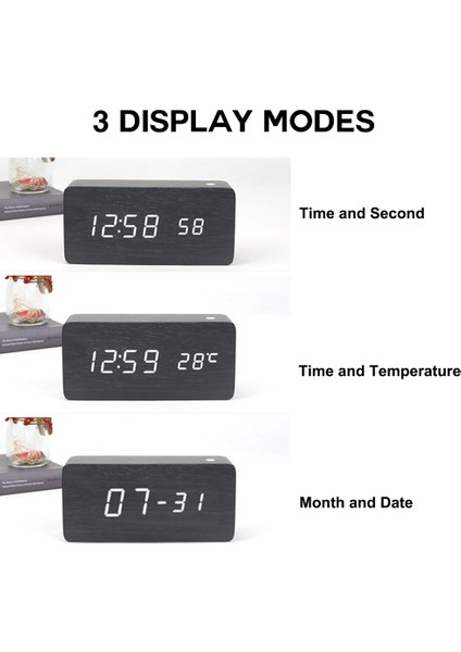 Ahşap Dijital Alarm Saat 3 Seviyeli Ayarlanabilir Parlaklıklu LED Ekran (Yurt Dışından)