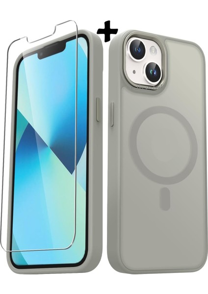 Apple iPhone 14 Kılıf Mat Magsafe Şarj Özellikli Hassas Butonlu Yumuşak Renkli Kenarlı Kapak + Ekran Koruyucu Cam Set 2in1