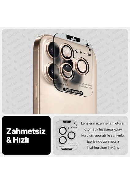 iPhone 16 Pro / 16 Pro Max ile Uyumlu Orijinal Safir Cam (%99.9 Saflıkta Gerçek Safir) Cihazın Kendi Lensleri ile Aynı Materyal Lens Koruyucu Kamera Camı (Desert Titanyum)