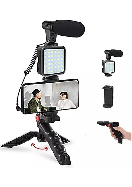 Kit Kumandalı Mikrofon, LED Işık ve Mini Tripod - Telefon Vlog Video Kayıt Ay-49 Üretimi Için
