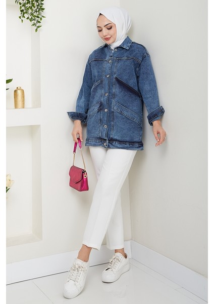 Çift Cepli Oversize Kot Ceket 1436 - Mavi