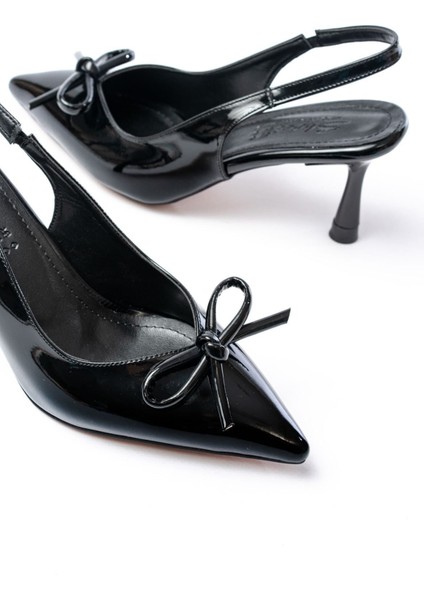 Shoes İNF-4500 Rugan Günlük Arkası Açık Fiyonklu Topuklu Ayakkabı indirimleri