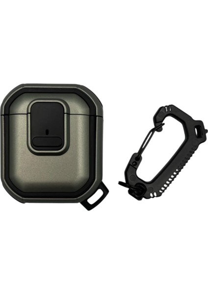 Airpods 1/2 Nesil ile Uyumlu Dayanıklı Koruyucu Tank Kılıf - Şok Emici, Karabina Klipsli, Spor Outdoor Tarzı, Tam Koruma (Yeşil)