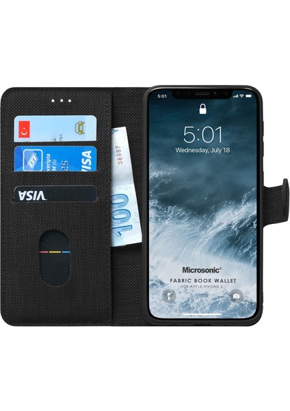 Apple iPhone x Için Kılıf Fabric Book Wallet Siyah [Apple iPhone x ile Uyumlu Kılıf - Siyah]