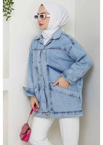 Çift Cepli Oversize Kot Ceket 1436 - Mavi