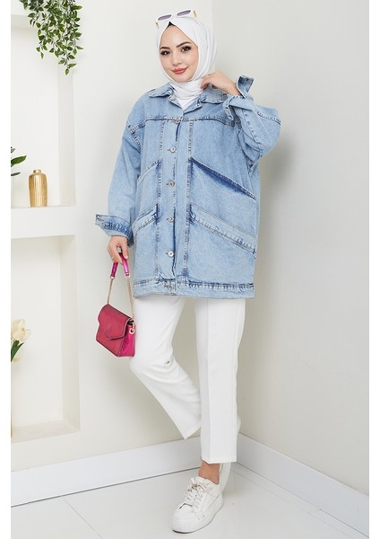 Çift Cepli Oversize Kot Ceket 1436 - Mavi