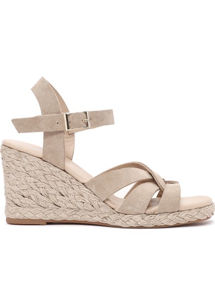 Kadın Krem Bilekten Bağlamalı Dolgu Topuklu Süet Deri Espadril 25SFD153310