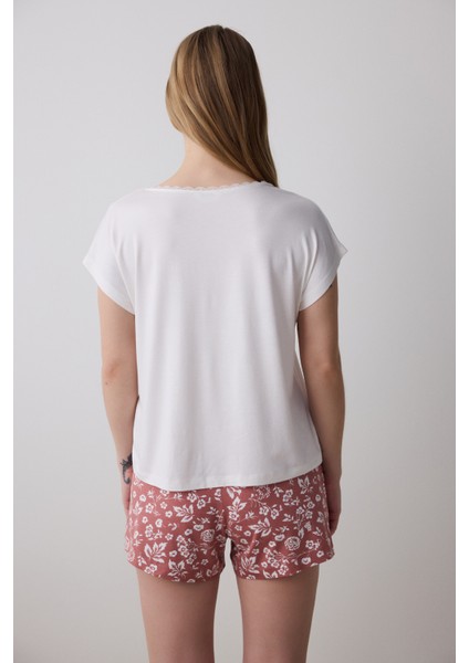 Mia Solid Kırık Beyaz Tişört Pijama Üstü