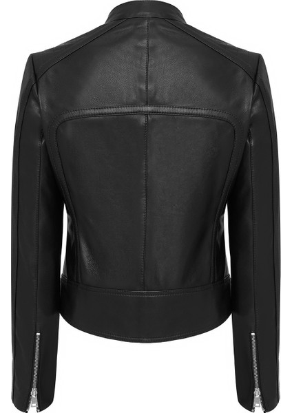 Nova Kadın Siyah Biker Kısa Deri Ceket 25SGD5296VE
