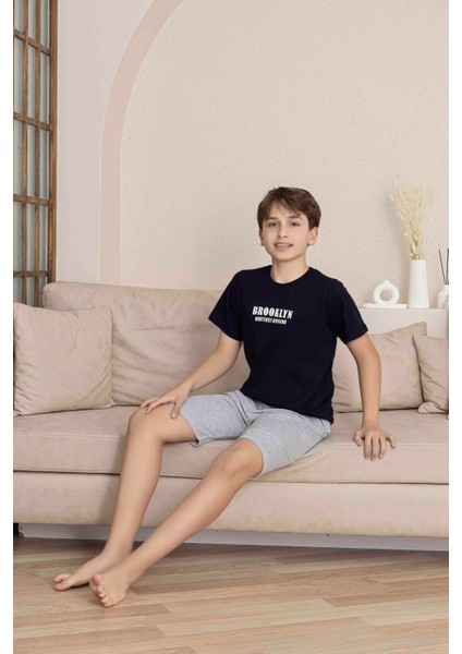 Erkek Çocuk Lacivert Desenli Şortlu Pijama Takımı
