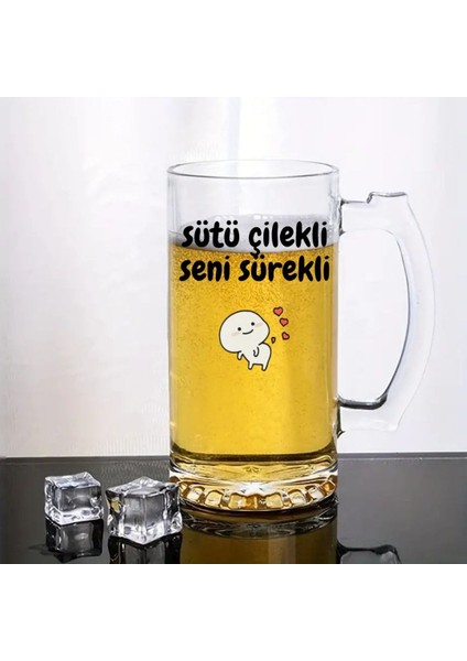 Sütü Çilekli Seni Sürekli Tasarımlı Arjantin Bira Bardağı Kulplu Bardak