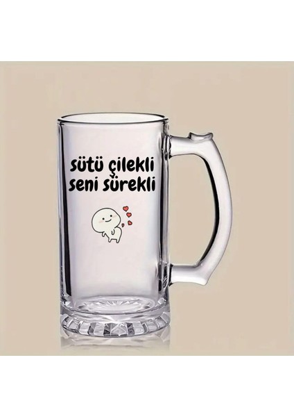 Sütü Çilekli Seni Sürekli Tasarımlı Arjantin Bira Bardağı Kulplu Bardak