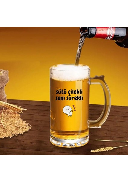 Sütü Çilekli Seni Sürekli Tasarımlı Arjantin Bira Bardağı Kulplu Bardak
