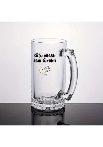 Sütü Çilekli Seni Sürekli Tasarımlı Arjantin Bira Bardağı Kulplu Bardak