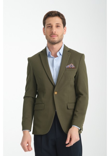 Bortolo Erkek Lacivert Örme Esneyen Likralı Mono Yaka Slim Fit Blazer Ceket