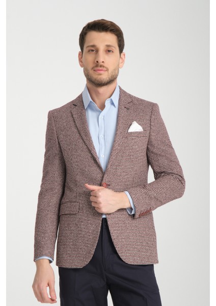 Pico Erkek Bordo Kendinden Desenli Örme Kumaş Slim Fit Mono Yaka Dar Kesim Blazer Ceket